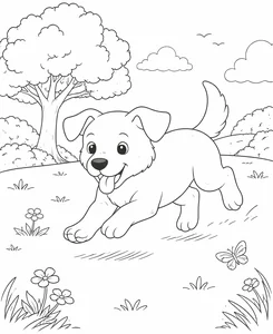 Perro feliz corriendo por el parque para colorear (PDF gratis)