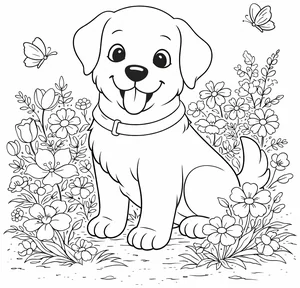 Perro con flores alrededor para colorear (PDF gratis)