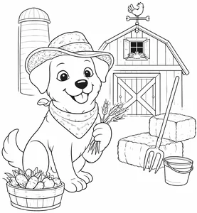 Perro granjero junto al establo para colorear (PDF gratis)