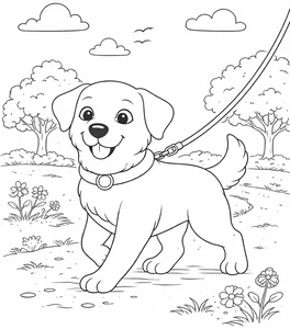 Perro paseando con su correa para colorear (PDF gratis)