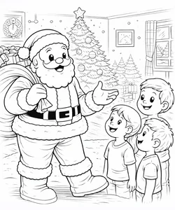 Papá Noel conversando con niños para colorear (PDF gratis)