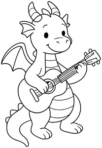 Dragón tocando una guitarra para colorear (PDF gratis)