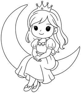 Princesa sentada en una luna para colorear (PDF gratis)