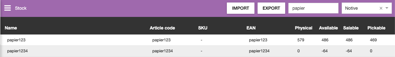 eWarehousing stock levels example for Shopify stock sync
