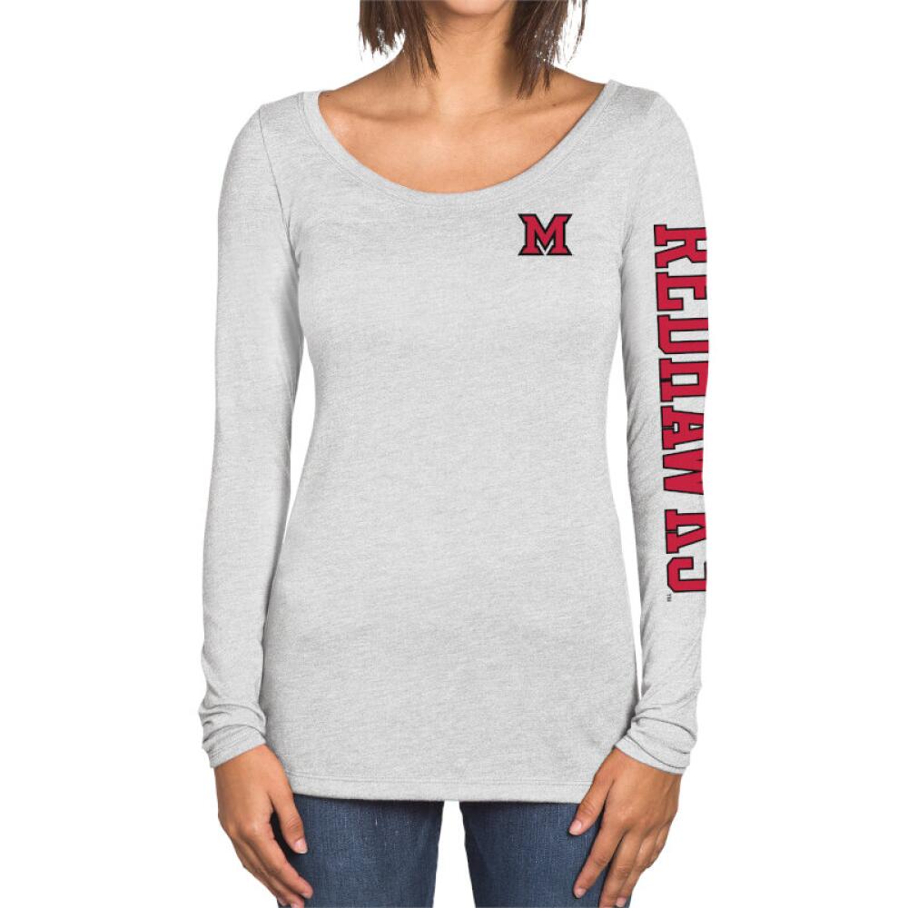 Official Miami RedHawks Mascot Block Sleeve Women's Sueded V-Neck Short  Sleeve T-Shirt