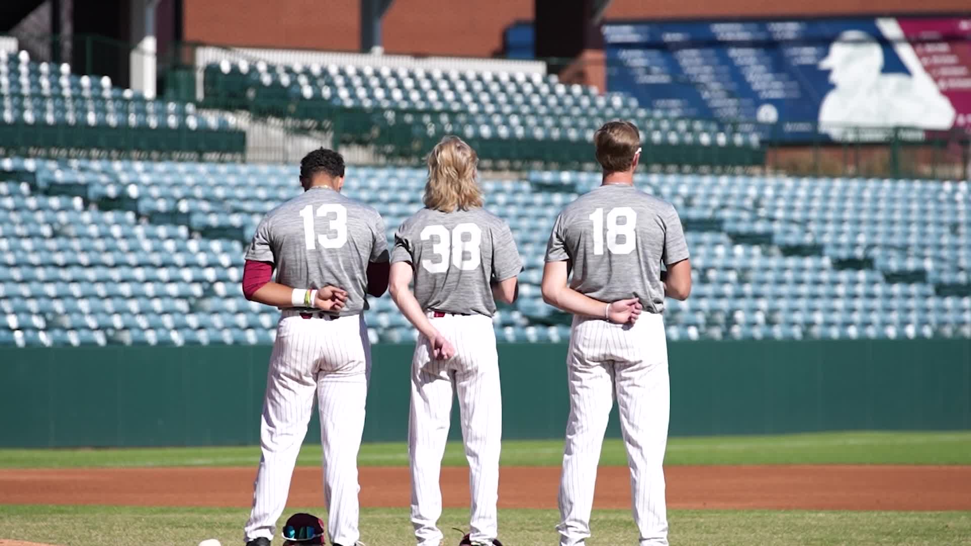 Apr 18, 2019: Arkansas right fielder Heston Kjerstad #18 makes a leg kick  as he is at the plate waiting for the pitch. Arkansas defeated Mississippi  State 5-3 in Fayetteville, AR, Richey