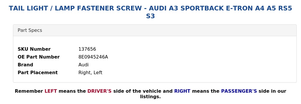 TAIL LIGHT / LAMP FASTENER SCREW