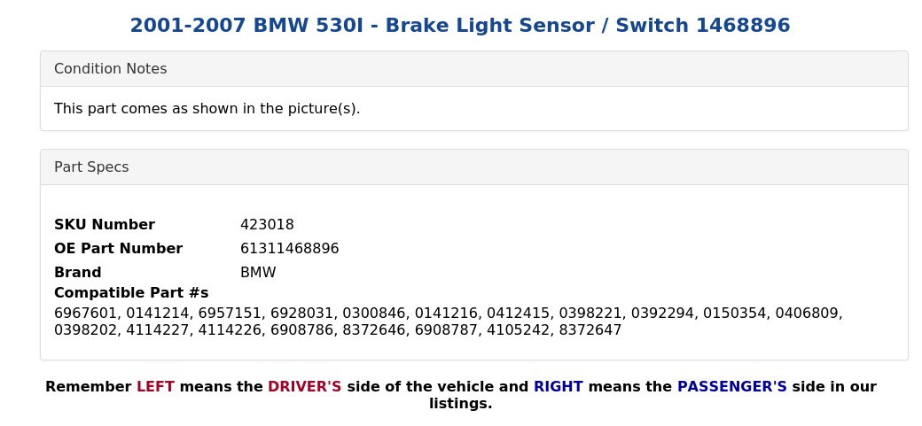 BRAKE LIGHT SENSOR / SWITCH