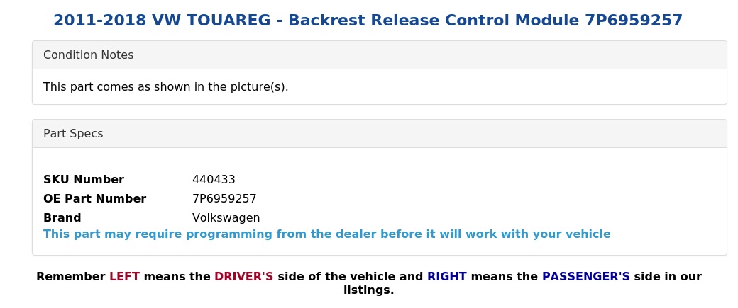 BACKREST RELEASE CONTROL MODULE