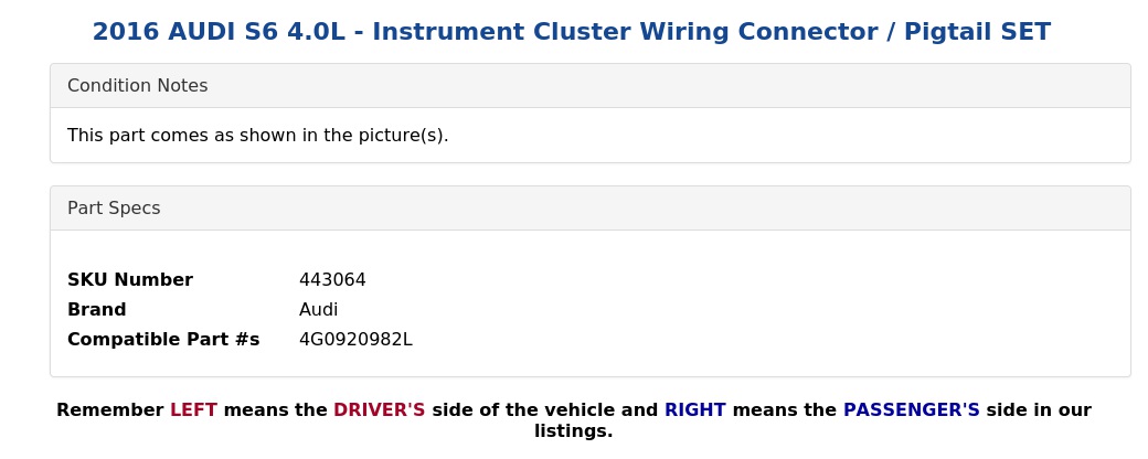INSTRUMENT CLUSTER WIRING CONNECTOR / PIGTAIL SET