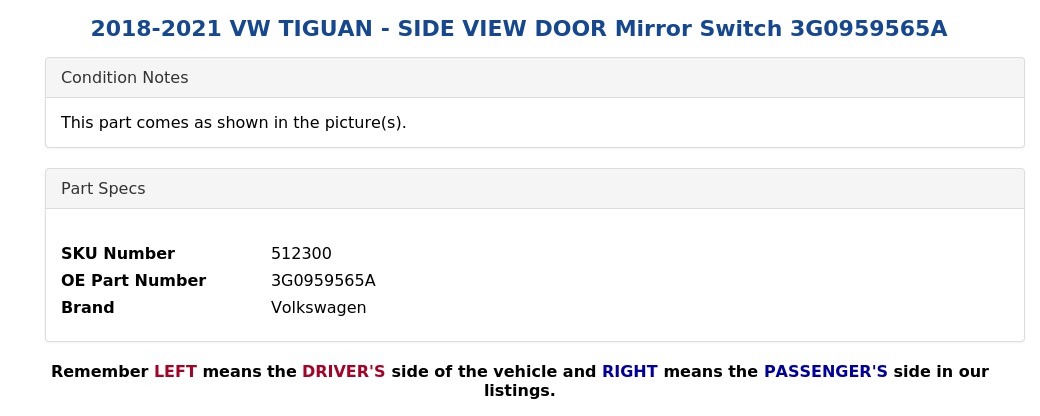 2019-2020 VW JETTA - SIDE VIEW DOOR Mirror Switch 3G0959565A