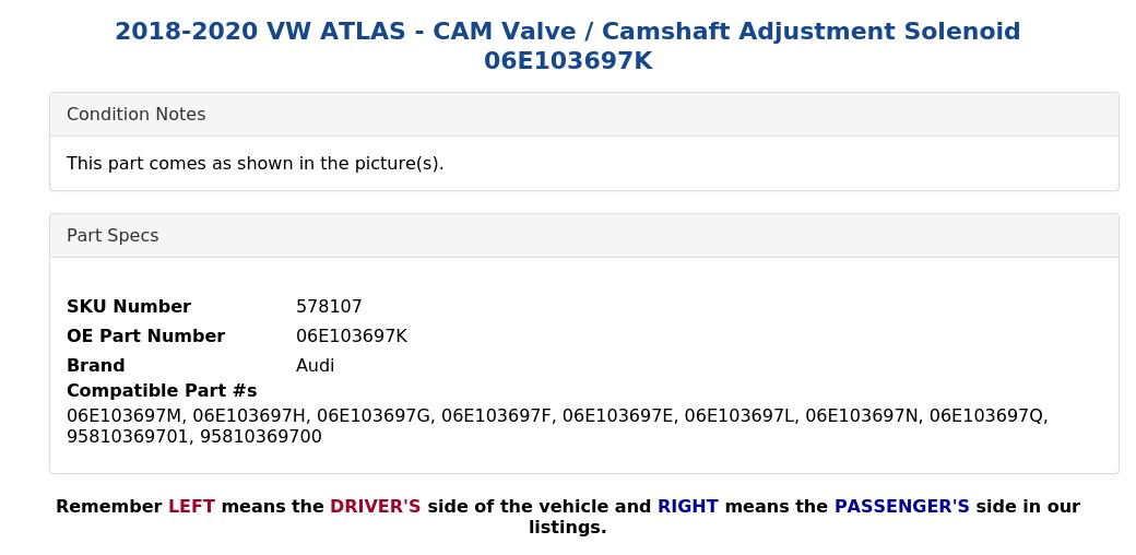 CAM VALVE / CAMSHAFT ADJUSTMENT SOLENOID