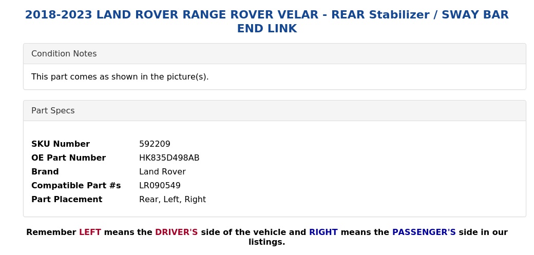 STABILIZER / SWAY BAR END LINK