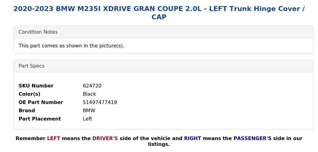 TRUNK HINGE COVER / CAP