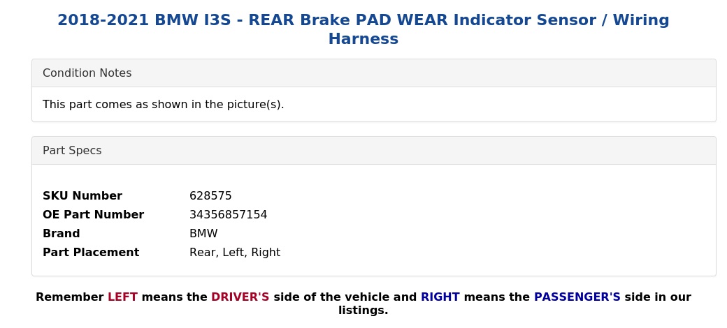 BRAKE PAD WEAR INDICATOR SENSOR / WIRING HARNESS