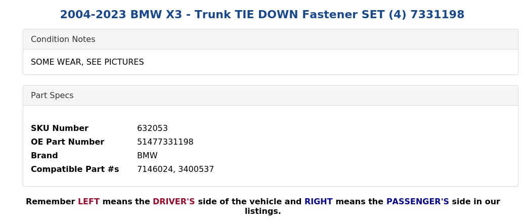 TRUNK TIE DOWN FASTENER SET (4)