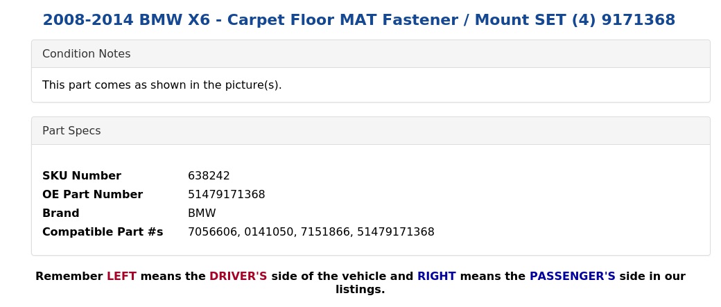 CARPET FLOOR MAT FASTENER / MOUNT SET (4)