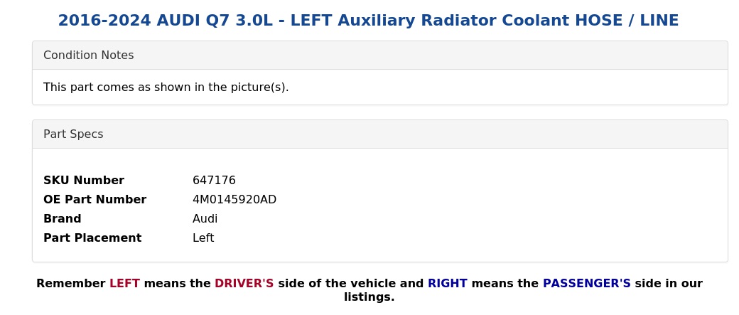 AUXILIARY RADIATOR COOLANT HOSE / LINE