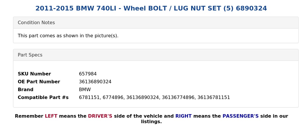 WHEEL BOLT / LUG NUT SET (5)