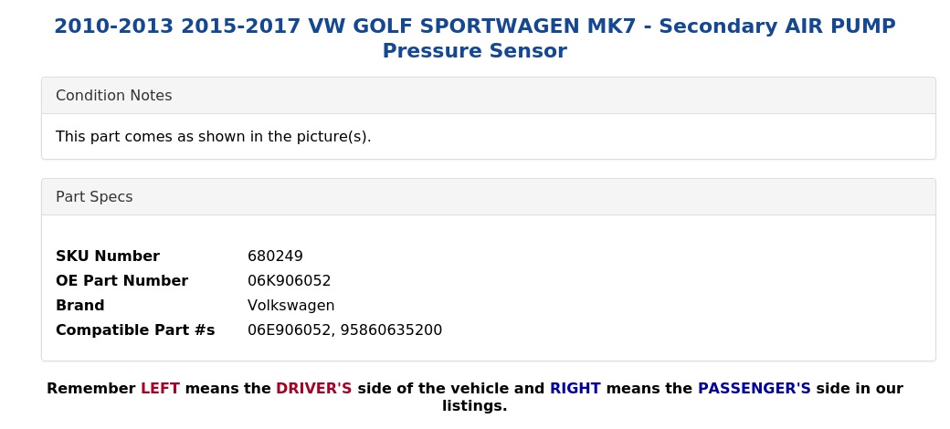 SECONDARY AIR PUMP PRESSURE SENSOR