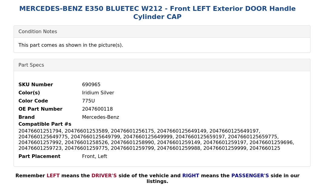 EXTERIOR DOOR HANDLE CYLINDER CAP