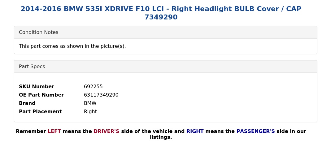 HEADLIGHT BULB COVER / CAP