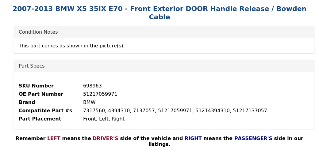EXTERIOR DOOR HANDLE RELEASE / BOWDEN CABLE