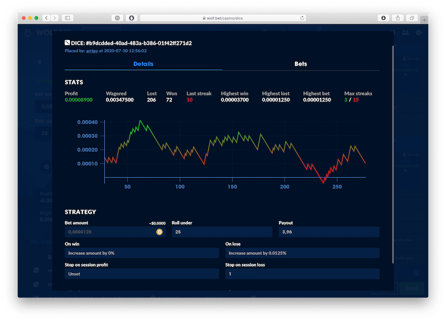 statistics and graph of auto bet session with dogecoin