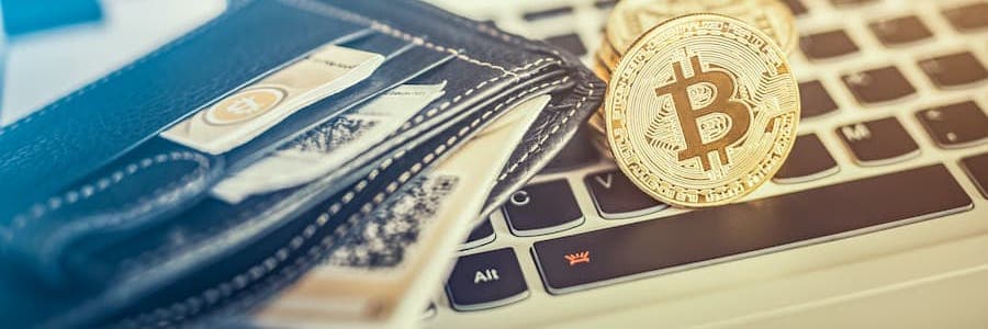 bitcoins sitting on top of a laptop and next to a wallet for online gambling