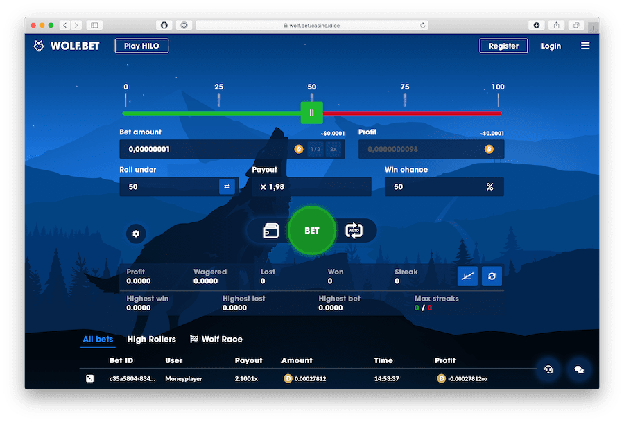 screenshot of satoshi gambling dice game on wolf.bet