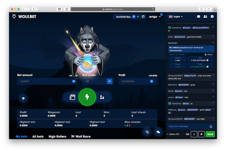 wolf.bet flashbet feature animation for dice gambling games list