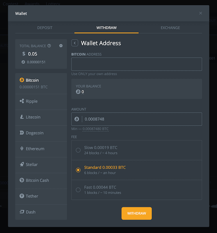 duckdice bitcoin withdrawal screen