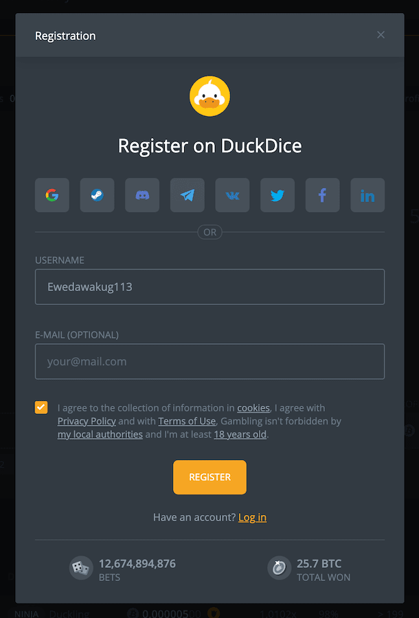 register to duckdice quickly to access faucet