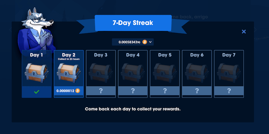 the wolf.bet 7-day streak faucet with increasing bitcoin amounts for gambling