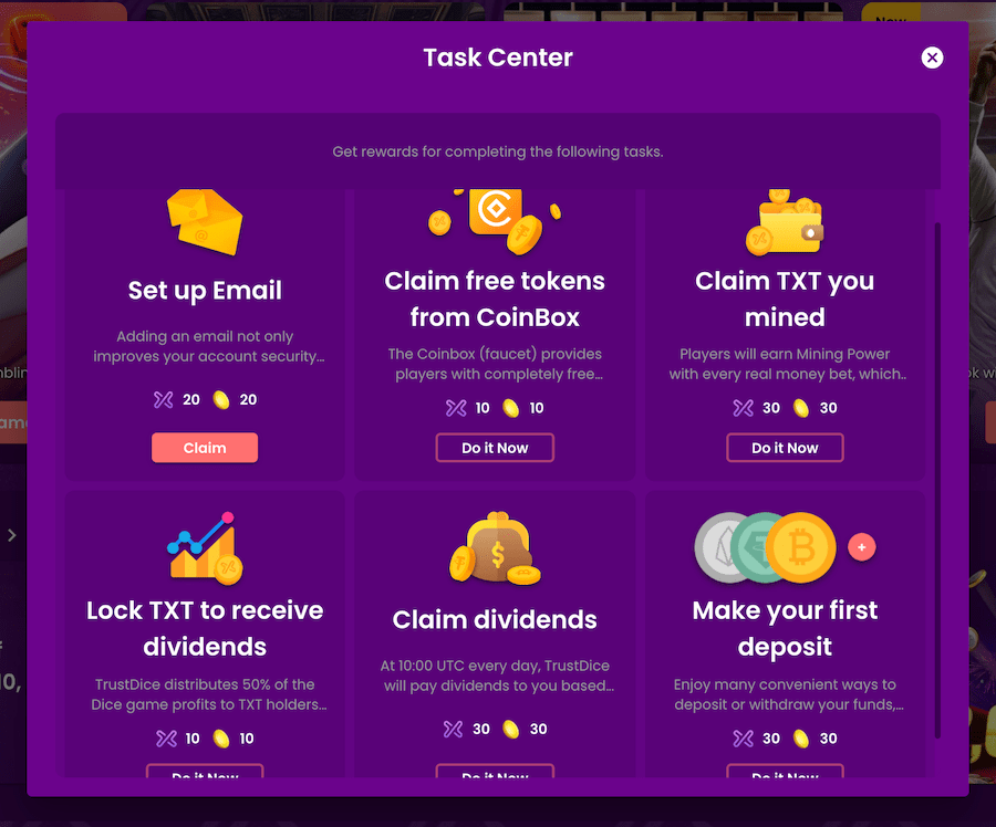 trustdice offers you a task center together with its bitcoin faucet