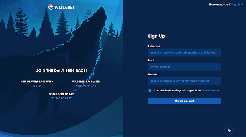 wolf.bet registration page is easy to use