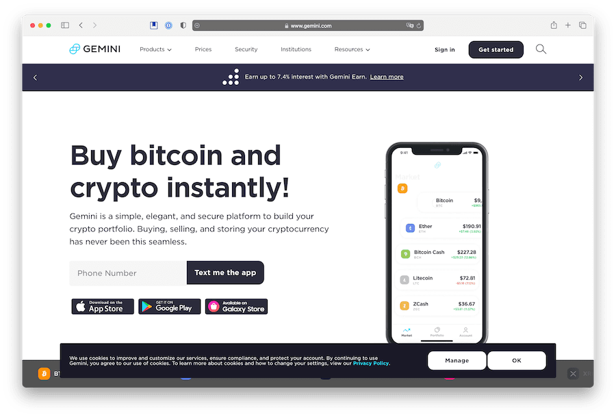 gemini defi crypto exchange home page