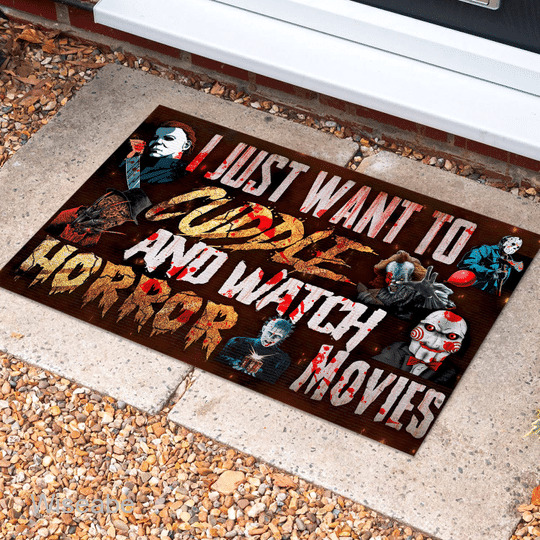 I Just To Cuddle And Watch Horror Movies Halloween Doormat , Halloween Front Door Decoration