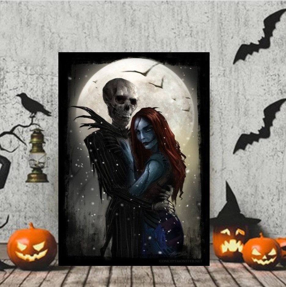 Horror Jack Skellington And Sally Halloween Canvas Wall Art