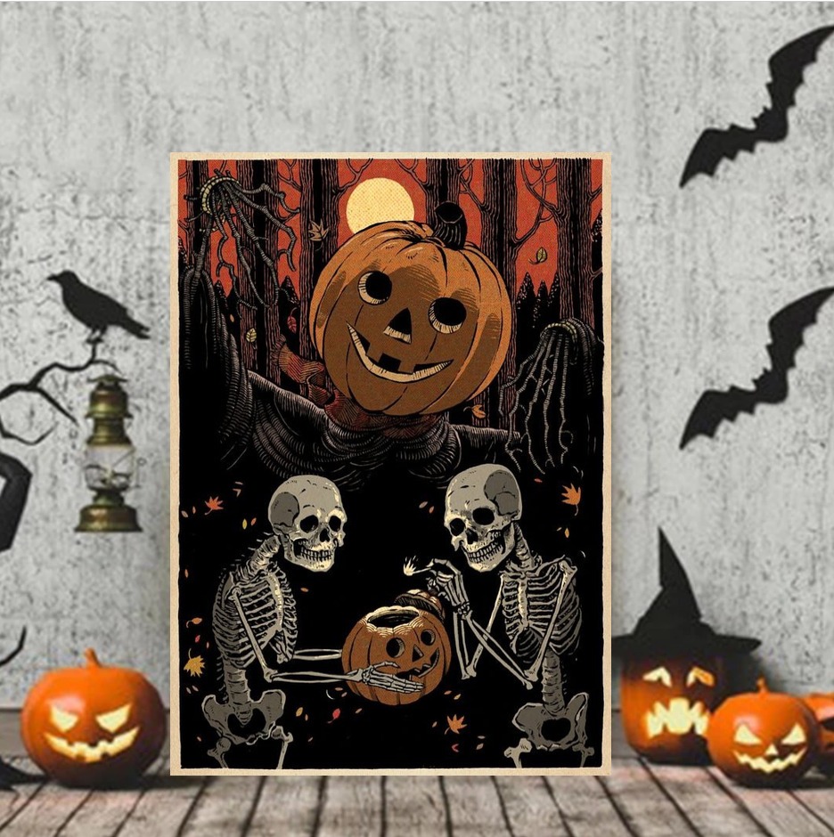 Horror Skeletons With Pumpkin Halloween Canvas