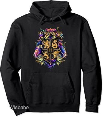 Multi Colored Floral Hogwarts School Logo Black Hoodie , Harry Potter Merchandise