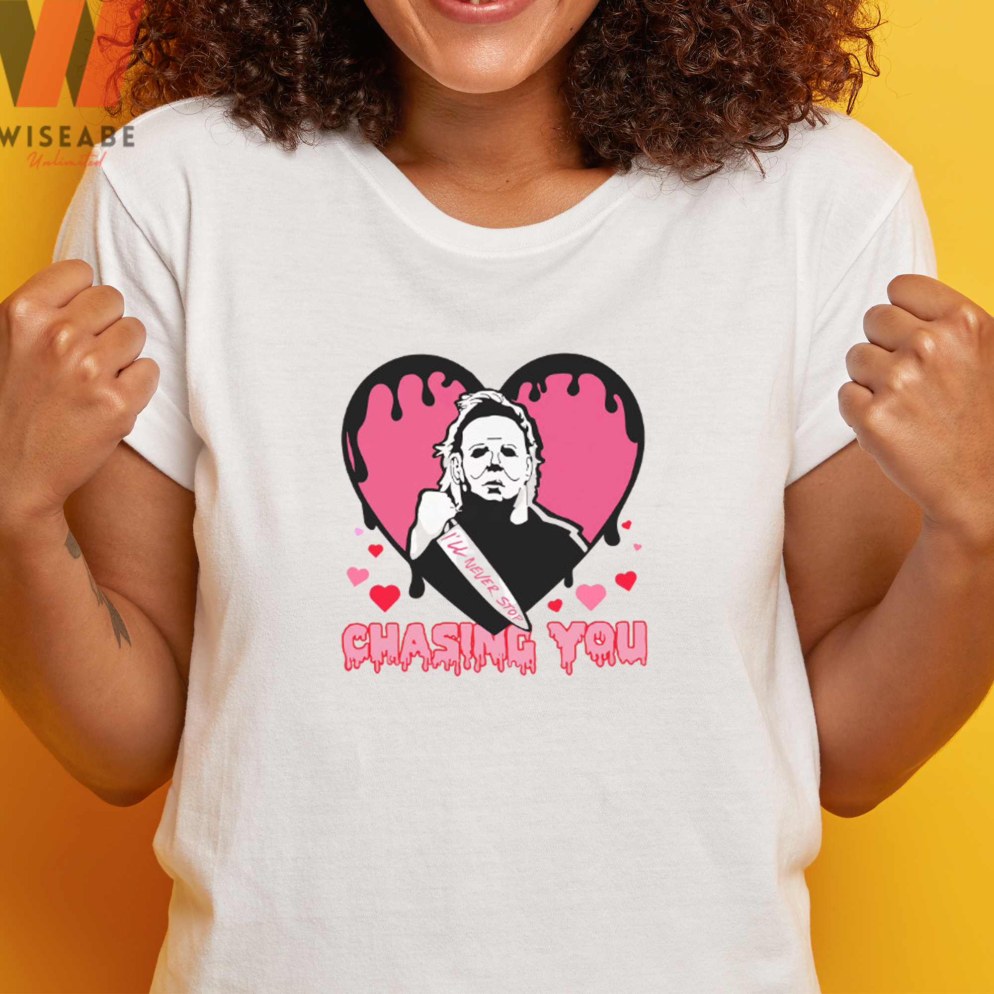 Lovely Chasing You Pink Heart With Funny Michael Myers Shirt