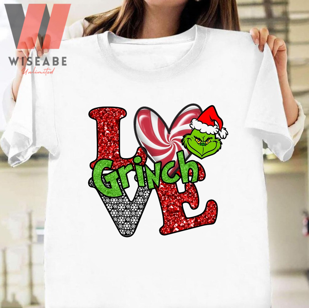 Cute Glitter Love Candy Heart With Grinch Santa Hat T Shirt