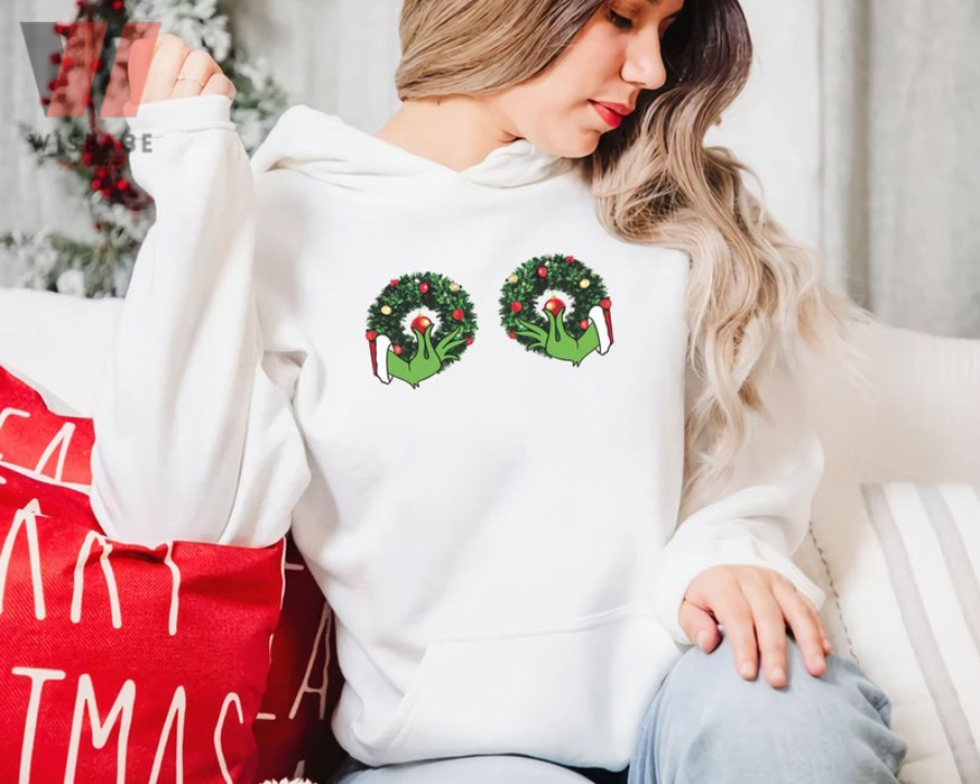 Funny Grinch Hand Is On The Breast Red Grinch Crewneck Sweatshirt, Xmas Gift Idea For Her