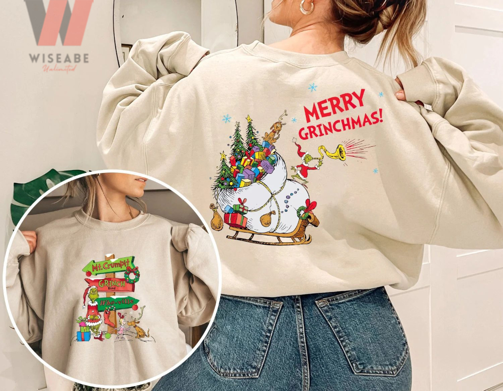 Merry Christmas Grinch Santa With Big Gift Bag Sleigh Two Side Grinch Crewneck Sweatshirt