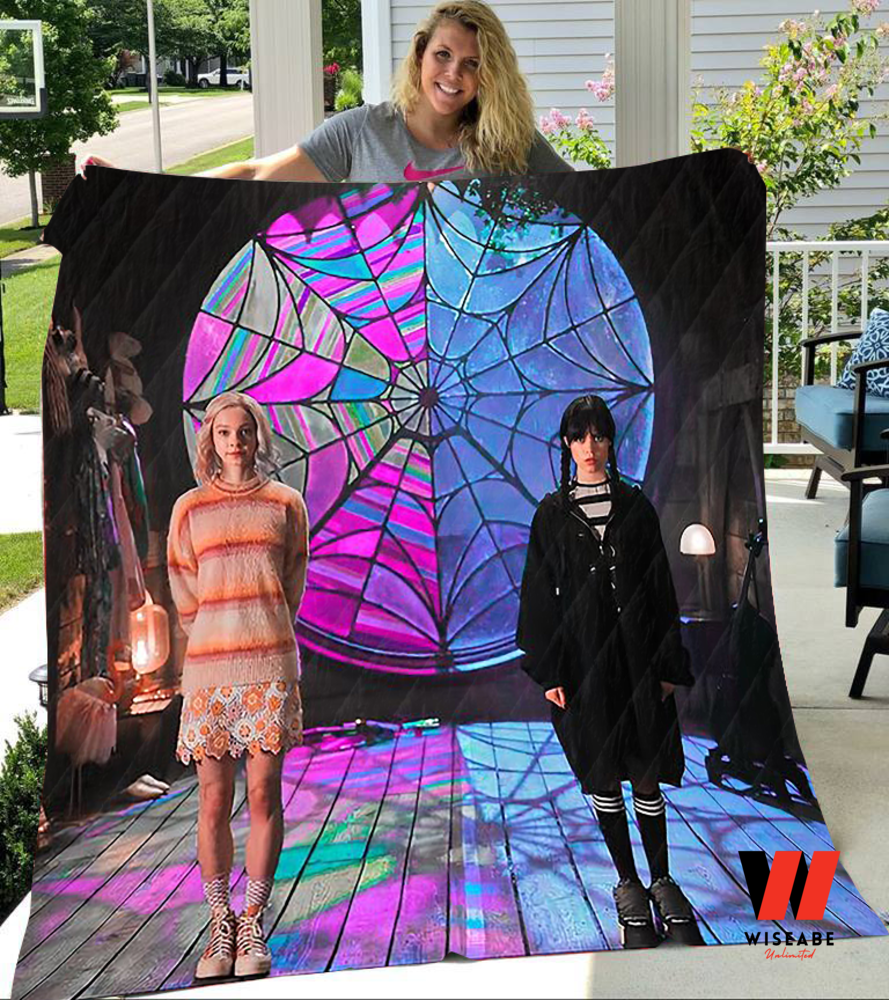 Wednesday Addams And Jenna Ortega Stained Glass Fleece Blanket, Wednesday Addams Merchandise