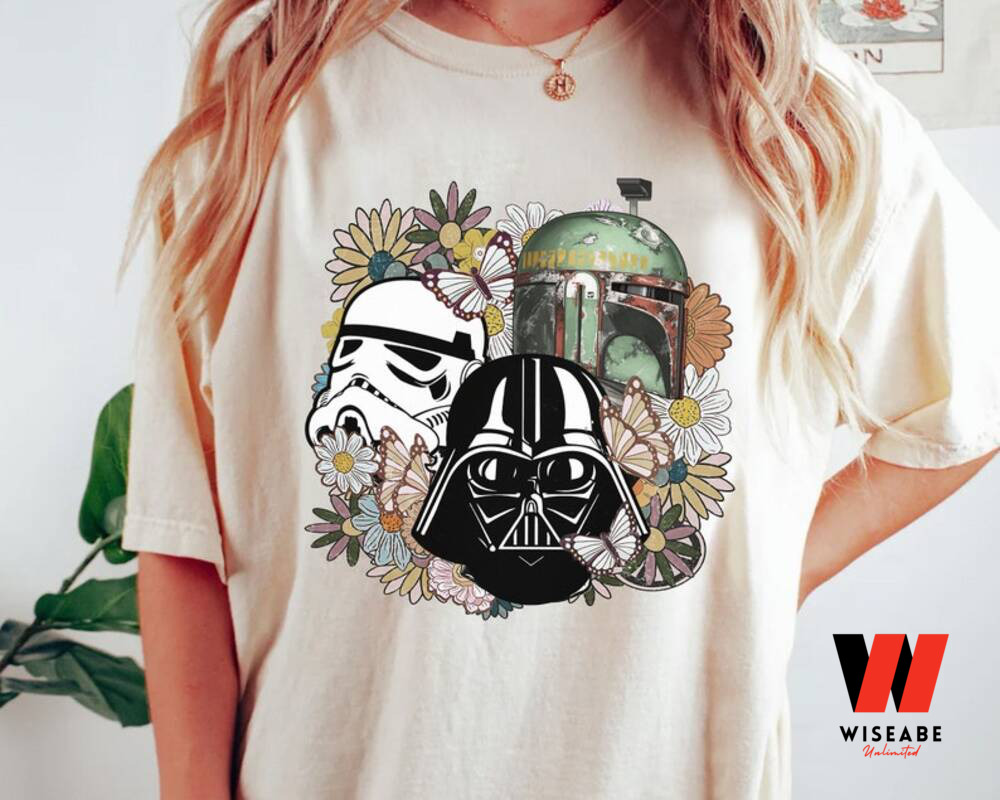 Retro Darth Vader Boba Fett And Stormtrooper Flowers Star Wars T Shirt, Cheap Star Wars Gifts