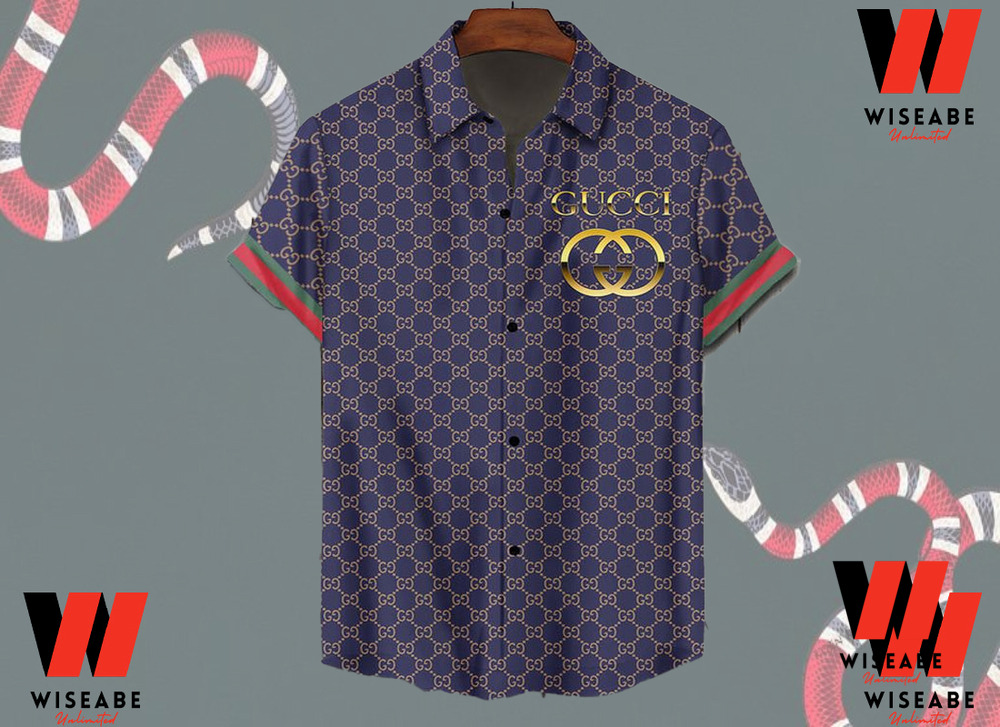 Cheap Navy Blue Gucci Hawaiian Shirt, Gucci Button Up Shirt, Cheap Gucci Shirt For Mens