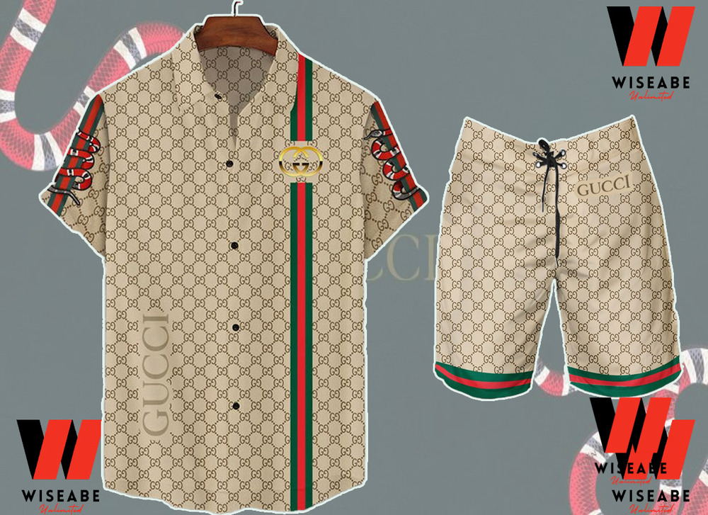 Cheap Snake On Sleeves Cream Gucci Hawaiian Shirt, Gucci Logo Button Up Shirt