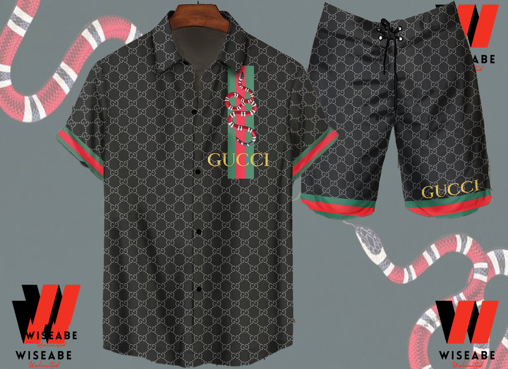 Black Gucci Hawaiian Shirt, Gucci Button Up Shirt, Gucci Logo Shirt